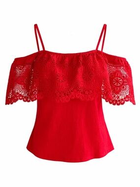 Bold & Beautiful Red Lace Blouse ✨ Off-Shoulder Statement Top | MEDIUM